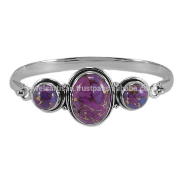 Pierres précieuses en turquoise en cuivre violet avec bracelet en argent sterling 925 Bracelet plat